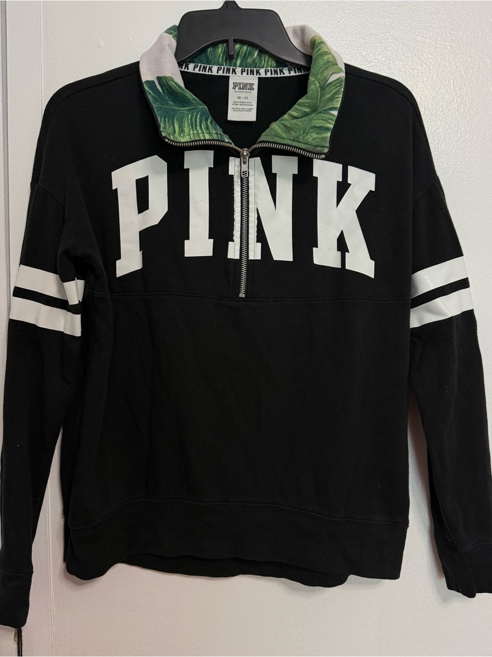 PINK Victoria's Secret Black Half-Zip Sweatshirt with Green Leaf-Print Collar